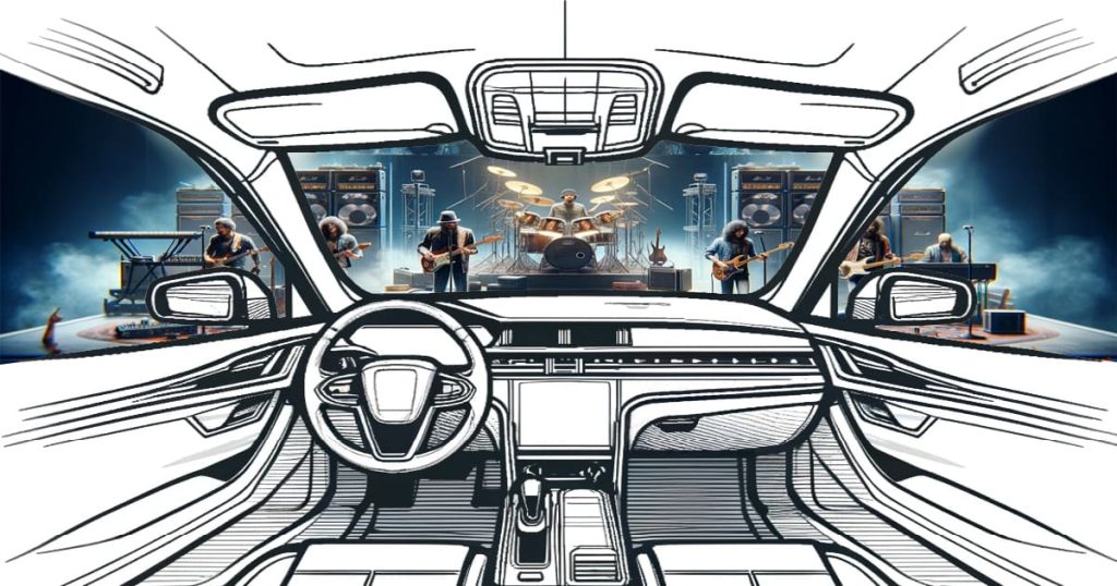 The inside of a car with a band playing on a stage through the front window