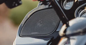 A close up of the TMS65 motorcycle speakers