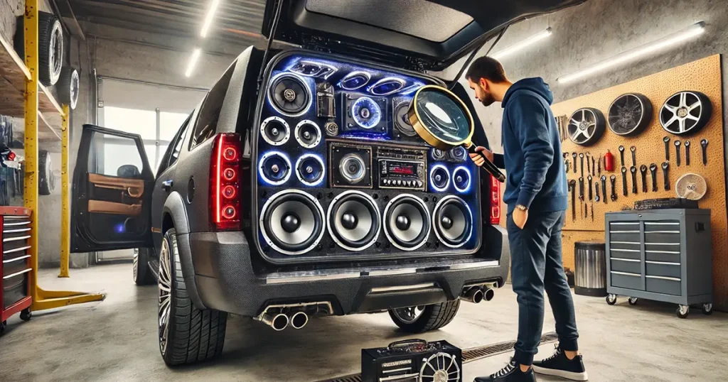 A man looking at various car audio speakers, amplifiers and equipment in the back of a van