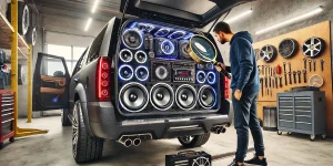 A man looking at various car audio speakers, amplifiers and equipment in the back of a van