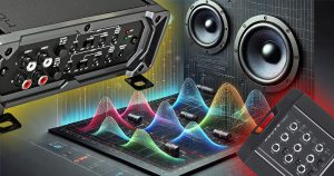 A mixture of various car audio speakers, devices and sound graphs